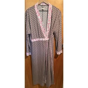 Garnet Hill Cotton Floral Polka Dot Robe Womens XL Gray Pink Long Lightweight